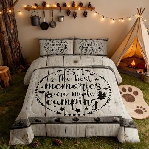 Camping Adventure Comforter Set Queen Size,Camper RV Trailer Decor Bedding Set 3pcs for Kids Boys Girls Adults,Retro Wooden Plank Cottage Down Comforter,Rustic Farmhouse Duvet Insert,2 Pillowcases