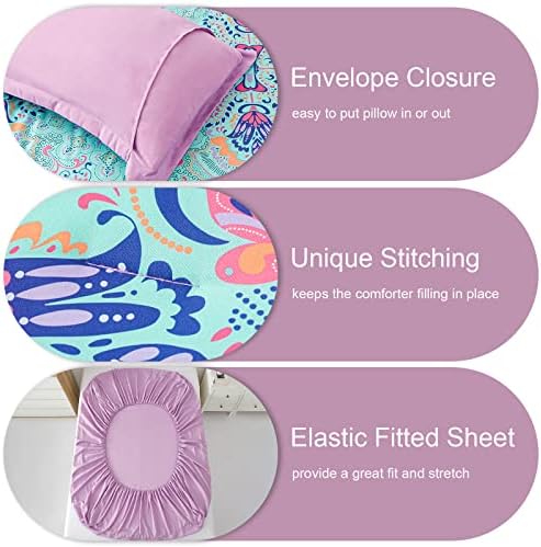 DHSFKBE King Size Comforter Set, 7 Piece Bed in a Bag, Boho Aqua and Lilac Damask Medallion Print Comforter with Sheets, Soft Microfiber Complete Bedding Set for All Season (Aqua, King)