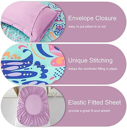 DHSFKBE King Size Comforter Set, 7 Piece Bed in a Bag, Boho Aqua and Lilac Damask Medallion Print Comforter with Sheets, Soft Microfiber Complete Bedding Set for All Season (Aqua, King)