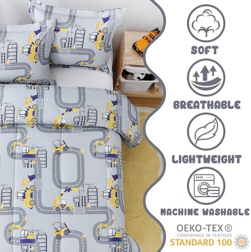 Yibeizi Truck Full Comforter for Boys Cute Grey Car Bedding Set