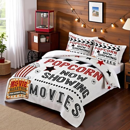 Homewish 70's Vintage Cinema Movie Theater Comforter Set Popcorn Bedding Set 3Pcs Cinema Poster Design All Season Quilt Set for Kids Boys Girls Black Red Microfiber Duvet Insert Room Decor Queen Size