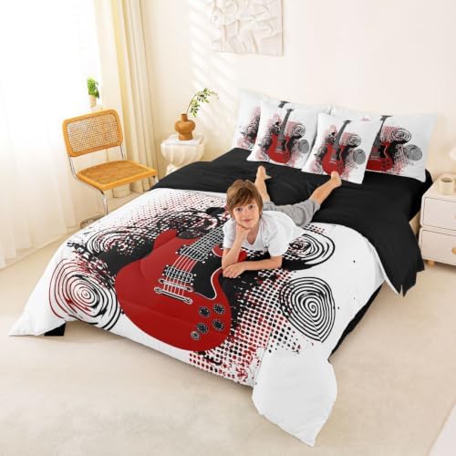 Erosebridal Guitar 7 Piece Bedding Set Queen Rock Music Comforter Set with Sheets Electric Guitar Bed in A Bag Black Spiral Grunge Style Bed Sets with 2 Pillowcases, 2 Throw Pillow Covers