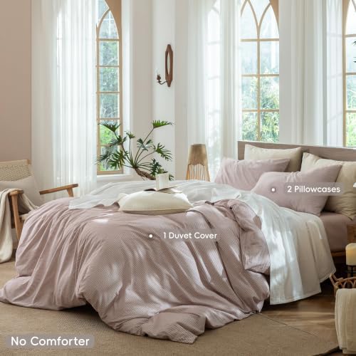 MooMee Striped Duvet Cover Set 100% Washed Cotton Linen Like King