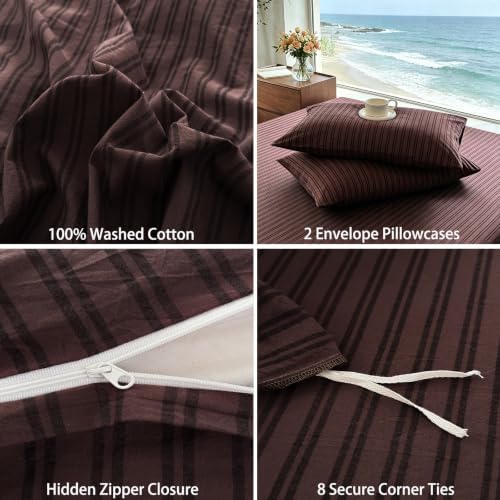 Striped Duvet Cover Set Full Size 3 Piece 100% Washed Cotton Linen Like Textured Bedding Comfy Breathable (Full, Double Stripe-Espresso Brown/Black)