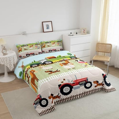 Tractor Bedding Sets for Boys King Size Toddler Kids Cute Cartoon Farm Animals Comforter Set Girls Children Farmhouse Country Down Comforter for All Season Colorful Room Decor Nature Theme Duvet Set