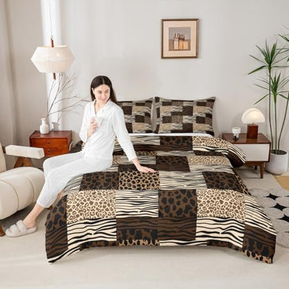 Manfei Black Leopard Comforter Set Full Size,Cheetah Zebra Wildlife Animal Abstract Skin Bedding Set,Girls Boys Room Decor,Geometric Plaids Stripe Dot Quilt Comforter,Brown Duvet Insert,2 Pillowcases