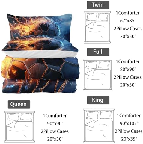 Nttopship Sports Soccer Comforter Set King Size,Fireball Soccer Ball Bedding Sets 3PCS for Kids Teen Adult Sports Room Decor Ultra-Soft Lightweight Microfiber 1 Comforter with 2 Pillowcases