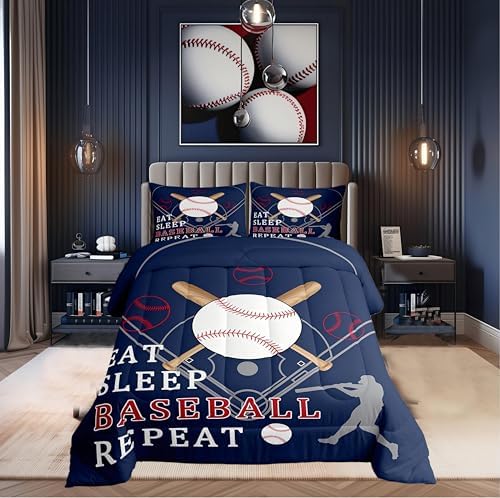 Castle Fairy Kids Baseball Gaming Twin Size Comforter Set,Softball Navy Blue Duvet Set Soft Bed Collection,Ball Games Sport Theme Bedding Comforter for Boys Girls Bedroom,2 Pcs