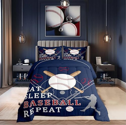 Castle Fairy Kids Baseball Gaming Twin Size Comforter Set,Softball Navy Blue Duvet Set Soft Bed Collection,Ball Games Sport Theme Bedding Comforter for Boys Girls Bedroom,2 Pcs