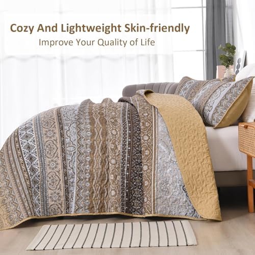 WONGS BEDDING Boho Quilt King Size,3 Pcs Brown Bedspread Bedding Set