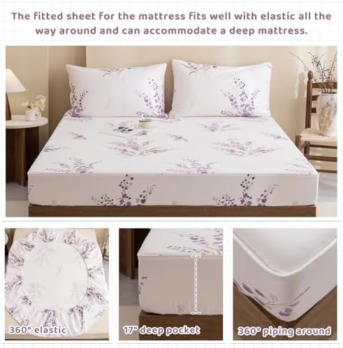 QSH Lavender Floral Bed Sheets Queen Size - 100% Egyptian Cotton Sheets Purple Flower Printed Bedding Sheets Queen Size Bed 4pcs Deep Pockets Bed Sheets