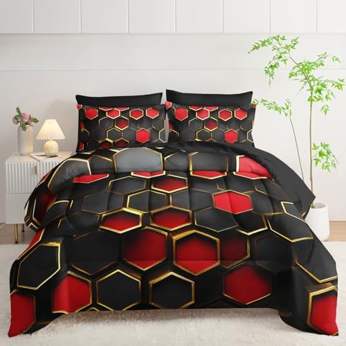 7 Piece Red and Black Comforter Set King Checkered，King Size Checkered Bedding Set，(1 Comforter, 1 Flat Sheet, 1 Fitted Sheet, 2 Pillowcase and 2 Pillow Sham)