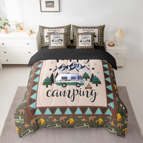Erosebridal Kids Camping 7 Piece Comforter Set King Bed in a Bag Happy Camping Bedding for Boys Girls Western Rustic Farmhouse Duvet Insert Vintage Cartoon Rv Car Print Quilt Camper Decor Sheets