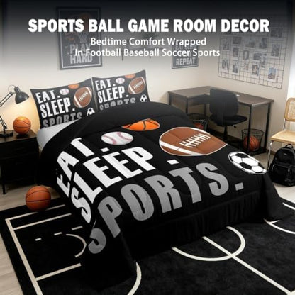 Feelyou Twin Size Sports Comforter Set Boys Girls Bedding Set for Sports Lover Gift Ultra Soft Football Soccer Basketball Baseball Quilt Breathable Lightweight Microfiber Black Ball Game Room Decor