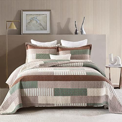 Finlonte Quilt Queen Size 100% Cotton Queen Size Quilts Brown Green Beige Bedspreads Plaid Quilts Lightweight Soft Breathable Bedding Sets for All Season, 3 Piece