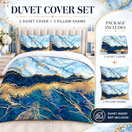 Royal Blue Marble Duvet Cover Set Queen Size Sequin Gold Bedding Comforter Covers with 2 Pillow Shams Breathable Durable Soft Comfy