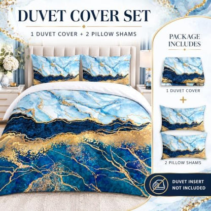 Royal Blue Marble Duvet Cover Set Full Size Sequin Gold Bedding Comforter Covers with 2 Pillow Shams Breathable Durable Soft Comfy