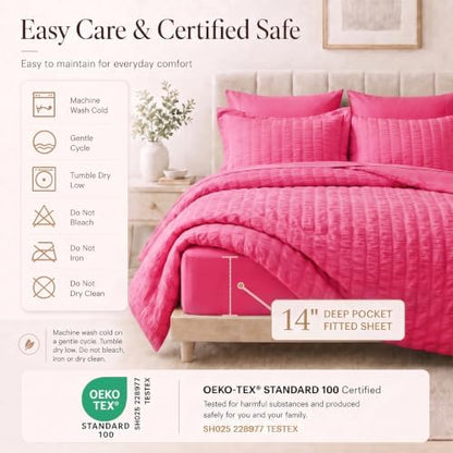 CozyLux Full Size Comforter Sets, 7 Pieces Hot Pink Seersucker Bed in a Bag