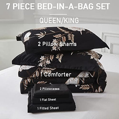 Yogeneg 7 Piece Bed in a Bag Queen Comforter Set Botanical Floral Bedding Set,Flower Leaves Brids Printed on Black Reversible Design,Soft Microfiber Comforter with Sheet Set,All Season(Black B,Queen)