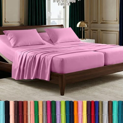 Elegant Comfort Luxurious 1500 Premium Hotel Quality Microfiber Three Line Embroidered Softest 5-Piece Bed Sheet Set, Wrinkle and Fade Resistant, Split King, Light Pink