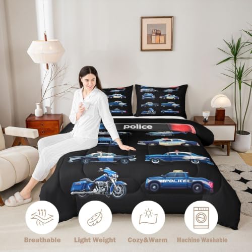 Feelyou Police Car Comforter Set Full Size Cartoon Car Bedding Set for Kids Boys Girls Policeman Vehicle Duvet Quilt Bedroom Decor Microfiber 3 Pcs with 2 Pillow Cases