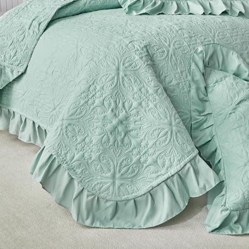 Ruffles Quilt Set Twin Size 68 * 86in - 2 Pieces Solid Shabby Chic Farmhouse Ruffled Bedding Rustic Coverlet Lightweight Fluffy Summer Oversized Bedspread with Shams for Women Men Light Green