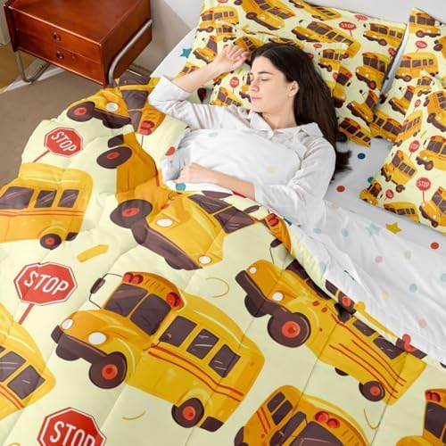 Erosebridal School Bus King Bed in A Bag for Kids, Cartoon Truck Comforter Set with Sheets for Boys Girls Teens Youth Bedroom Decor, School Theme 7 Pcs Bedding Set, Yellow Vehicle Bed Sets
