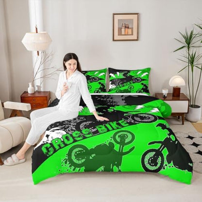 Erosebridal Boys Dirt Bike Comforter Set King Kids Motocross Bedding Set Dirtbike Bedroom Decor for Boys Men Adult,Rider Motorcycle Bed Set Cool Extreme Sports Bedding Sets 3Pcs,Green Black