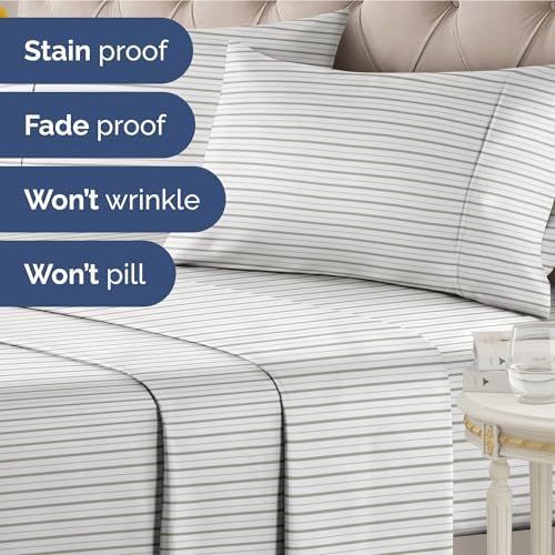 King 4 Piece Striped Sheet Set - Soft, Breathable & Cooling - Double Gray