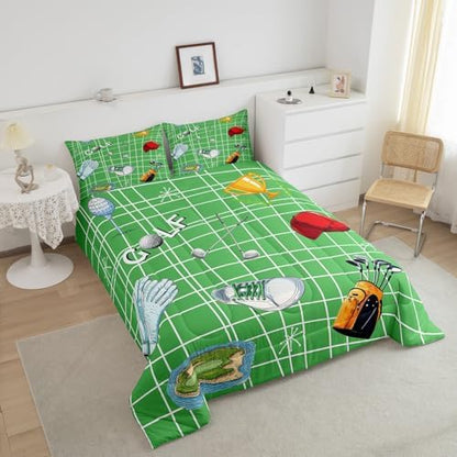 Castle Fairy Golf Bedding Set Full Size Ball Gaming Theme Comforter for Child Teens Boys Modern Golf Sports Lover Down Comforter Bedroom Decor Geometric Lines Duvet Insert with 2 Pillowcases