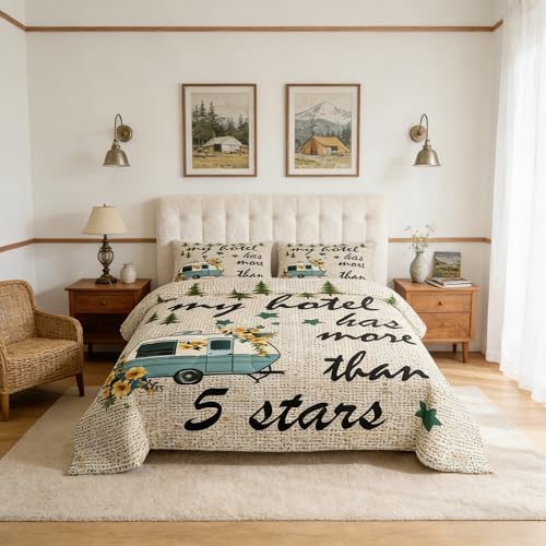Manfei Happy Camping Comforter Set Full Size,Camper RV Trailer Decor Bedding 3pcs for Kids Boys Girls Adults,Pine Trees Wilderness Adventure Down Comforter,Beige Fashion Duvet Insert,2 Pillowcase