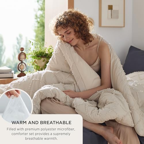 Bedsure Boho Tufted Beige Twin XL Comforter Set, Farmhouse-Style Bedding