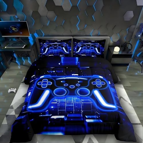 Erosebridal Gamer Comforter Set Gaming King Bedding Set, Neon Lights Video Game Console Comforter Blue Brick Cube Duvet Insert,Gamer Decor for Boys Bedroom