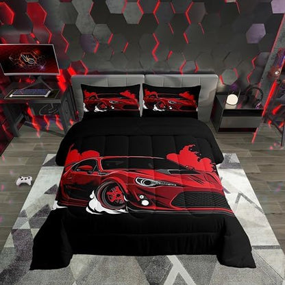 Erosebridal Red Race Car Queen Comforter Set Racing Car Bedding Set for Boys Extreme Sport Car Down Comforter Teens Racing Competition Quilt Cool Sports Duvet Insert Room Decor