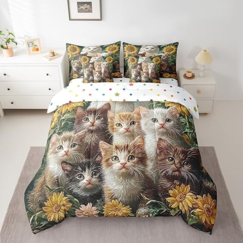 Feelyou Cute Cat Comforter Set 7 Pieces Twin Size Sunflower Bedding Set for Boys Girls Kawaii Pet Kitten Bed in a Bag with Comforter, Sheets, Pillowcases & Cushion Covers