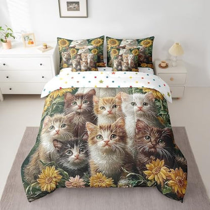 Feelyou Cute Cat Comforter Set 7 Pieces Twin Size Sunflower Bedding Set for Boys Girls Kawaii Pet Kitten Bed in a Bag with Comforter, Sheets, Pillowcases & Cushion Covers