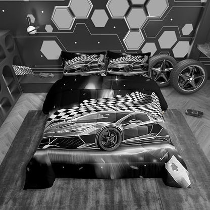 Feelyou Racing Car Comforter Set, Cool Speed Race Car Down Comforter King for Kids Boys Girls Teens Bedroom, Automobile Extreme Sport Bedding Set Plaid Checkered Duvet Sets with 2 Pillowcases,Grey