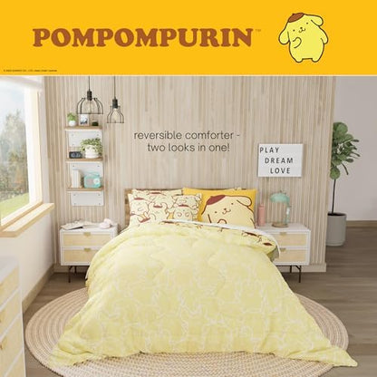 Sanrio Pompompurin Bedding Set, Queen Size 7 Piece Set Kids Super Soft Cozy Reversible Comforter and Sheet Set with Sham, (100% Officially Licensed Product) by Franco