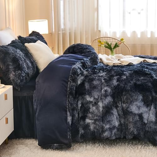 Andency Tie-Dyed Black Blue Comforter Full Size Set, Fluffy Bedding Set