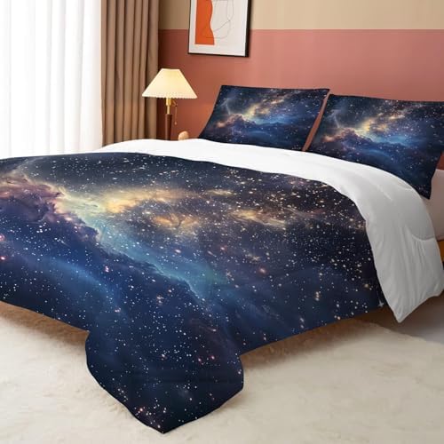 Galaxy Comforter Set Twin Size Space Bedding for Kids Girls Boys Starry Sky Cloud Glitter Stars Moon Bedroom Decor Quilt Bed Sets, 1 Comforter 1 Pillowcase