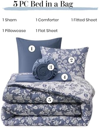 BLOOMHAVEN Twin XL Comforter Set-5 Pieces Blue Floral Bed in a Bag