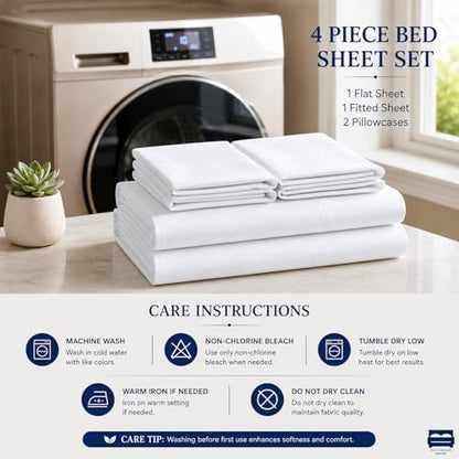 Cottingon 4 Piece Queen Sheets Fits 16" Deep, Egyptian Cotton, White