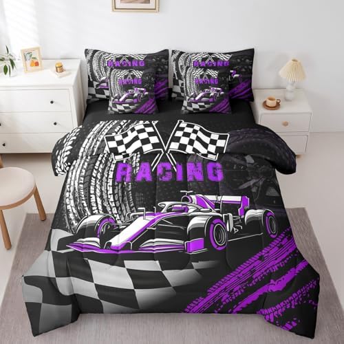 Boys Girls Racing Comforter Set 7 Pieces,Cool Race Car Speed Sport Bed Set,Kids Racing Game Bedding Bed in a Bag Soft,Queen (1 Comforter,2 Pillowcase,2 Pillow Covers,1 Flat Sheet,1 Fitted Sheet)