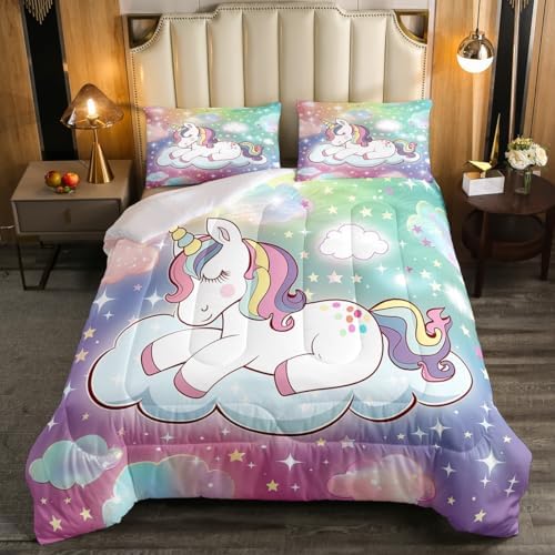 Cute Rainbow Unicorn Comforter Set Full Galaxy Unicorn Kawaii Girls Bedding Sets Room Decor,Kids Glitter Star Pastel Tie Dye Bedding Comforter Set,Cartoon Fantasy Animal Quilt Duvet 2 Pillowcases