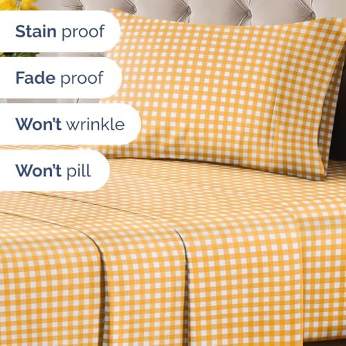 Twin XL 3 Piece Striped Sheet Set - Breathable & Cooling - Orange Gingham