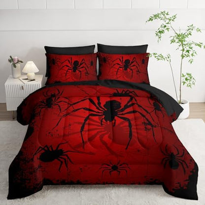 Boys Spider Printed Comforter Set Bed in A Bag QUEEN Size 7PCS Red Bedding Set Cool Black Spider Comforter Set ,Bed Sheet Set Spider Decor For Girls Boys Kids,Microfiber Lightweight All Season