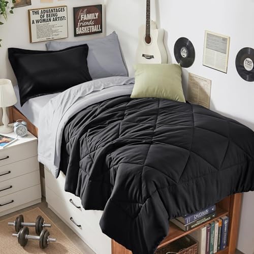 HEVUMYI 5-Piece Twin Comforter Set, Black & Light Grey Bed in a Bag