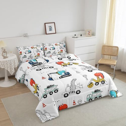 Feelyou Kids Construction Comforter Set Cartoon Dinosaur Bedding Twin Size Tractor Vehicle Truck Comforter for Boys Girls Jungle Dino Quilt Set Yellow Blue Soft