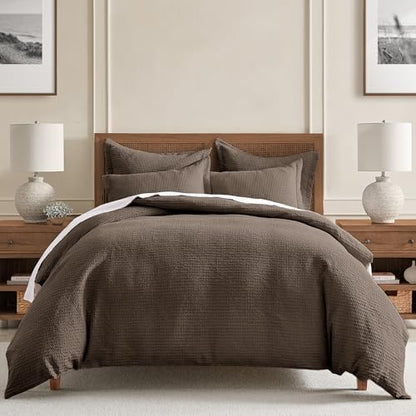 Levtex Home Cloud Waffle Full/Queen Comforter Set (90x94in) with 2 Pillow Shams (26x20in) - Solid Waffle Cotton Texture - Cocoa - 100% Cotton Full/Queen Size Comforter Set - Soft, Pre-Washed