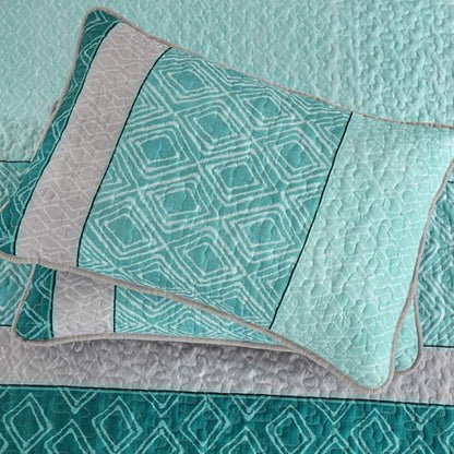 Cottolester Teal Quilt Set,Boho Bedspread Queen Size,Blue Sriped Plaid Bedding Set Soft Microfiber Quilt with 2 Pillow Shams 96"x90"